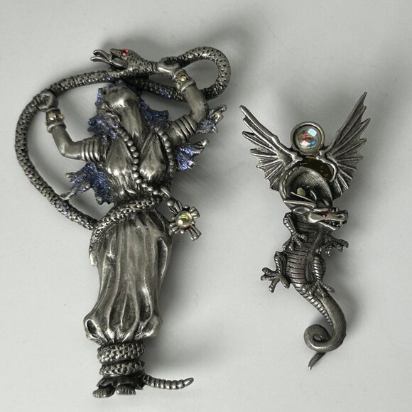 Vintage Pewter JJ Jonette Set of 2 Pins Brooch Mythical Dragon Snake Woman - Picture 1 of 11
